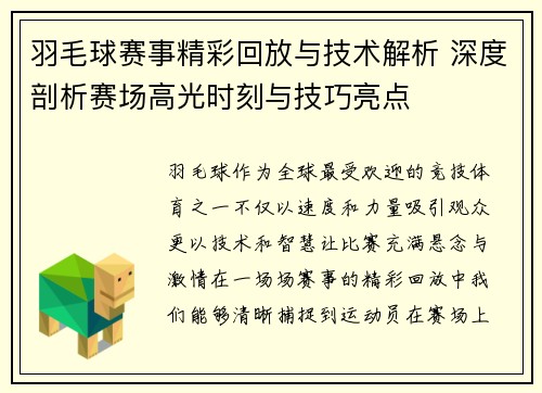 羽毛球赛事精彩回放与技术解析 深度剖析赛场高光时刻与技巧亮点