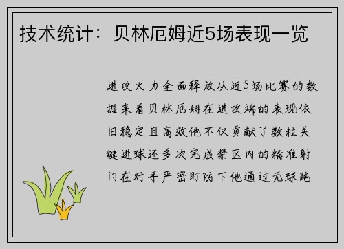 技术统计：贝林厄姆近5场表现一览